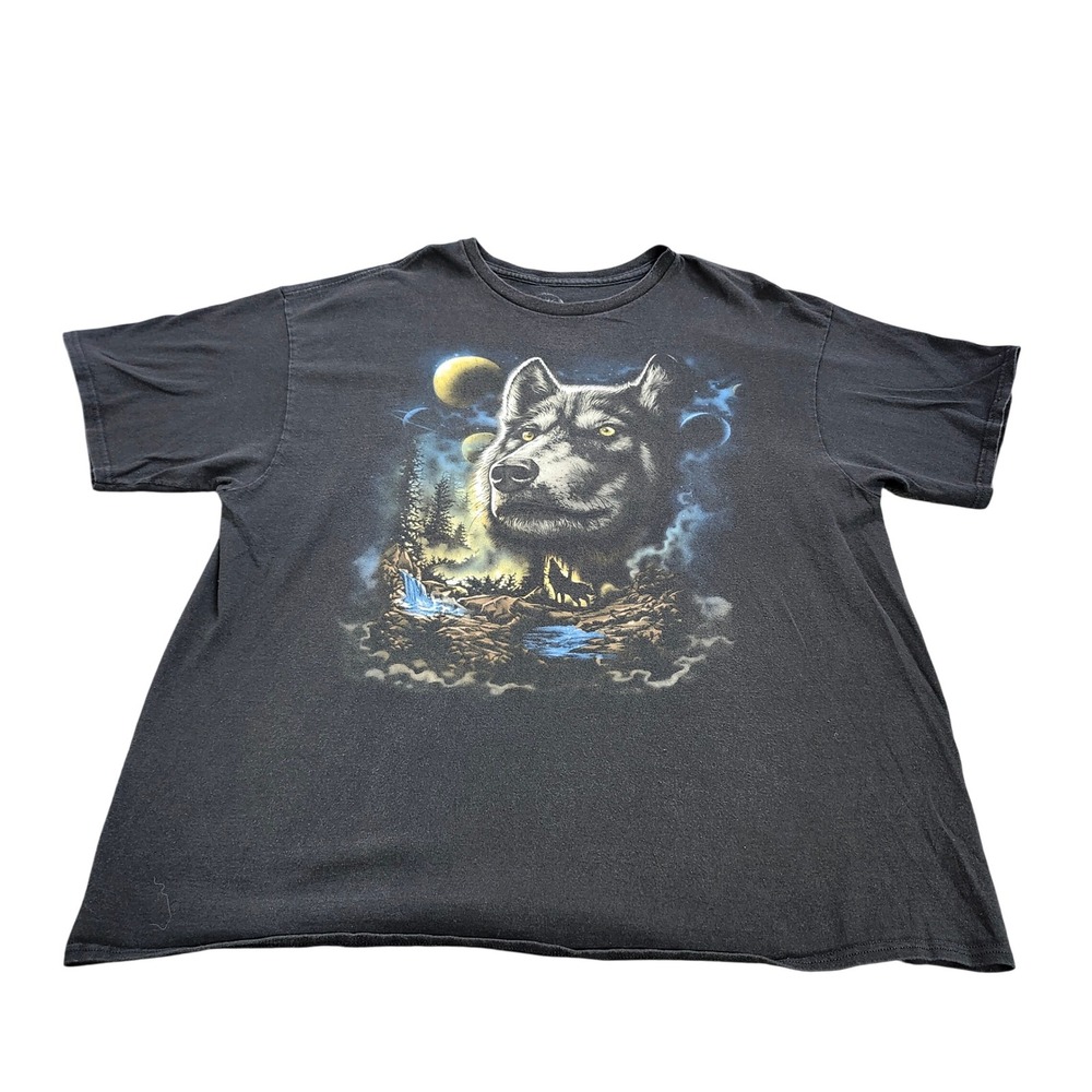 DXM Mens Wolf Graphic T-Shirt Black Nature Moon Waterfall Tee Size 2XL